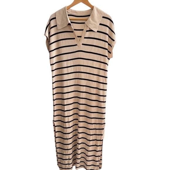 Saodimallsu Striped Knit Polo Maxi Sweater Dress Beige Blk Clean Girl XL Preppy - Picture 1 of 8
